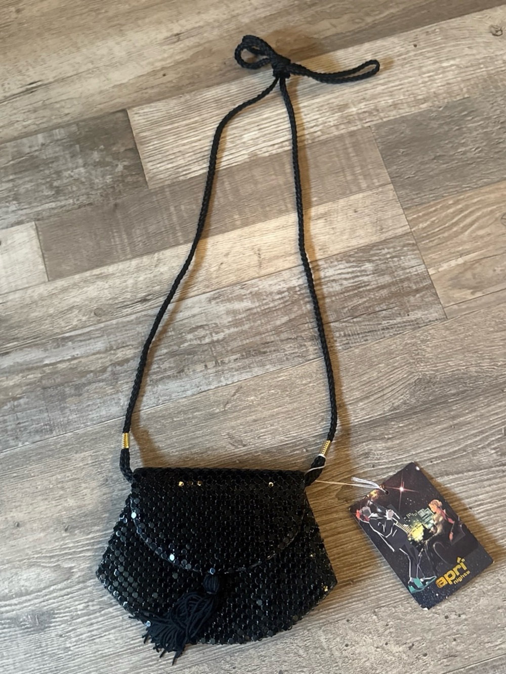 Black Sequin Mini Crossbody Bag with Tassel Accent